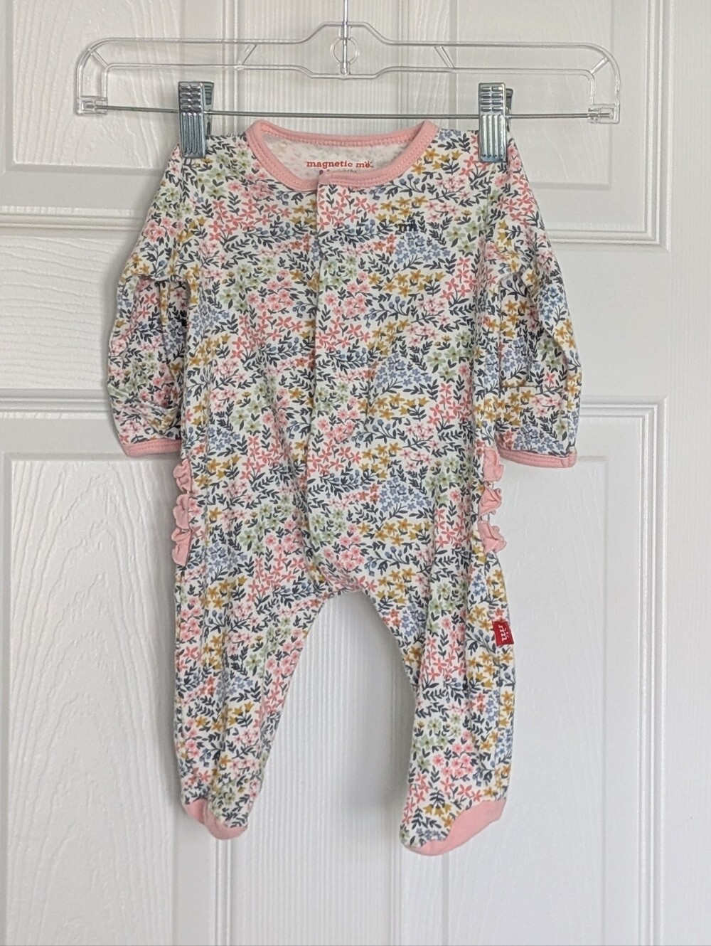 Magnetic Me Chelsea Footie Pajama Pink Floral With Ruffles Organic Cotton 0-3 M